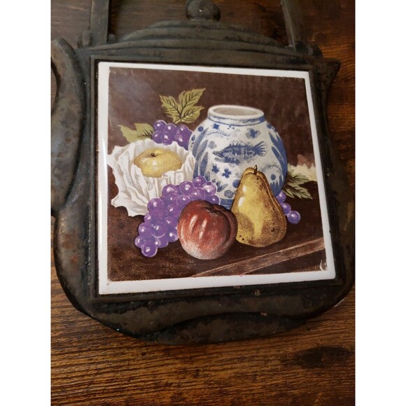 Vintage Cast Iron & Tile Trivet Cherry Made in Japan Teapot Fruit Still Life - Picture 2 of 11